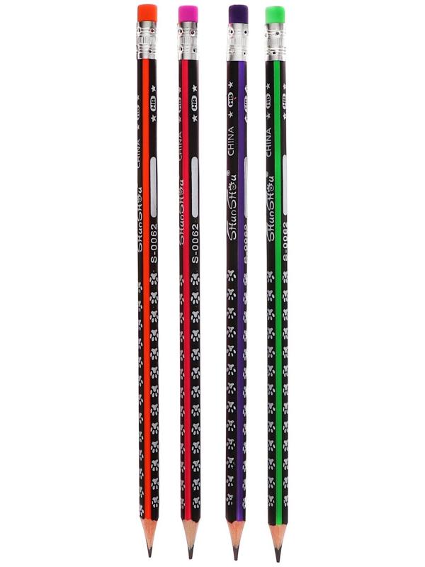 Карандаш чернографитный с ластиком НВ корпус треугольный заточенный МИКС Следы, в тубусе