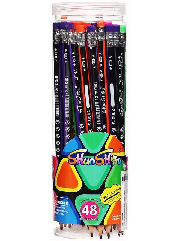 Карандаш чернографитный с ластиком НВ корпус треугольный заточенный МИКС Следы, в тубусе