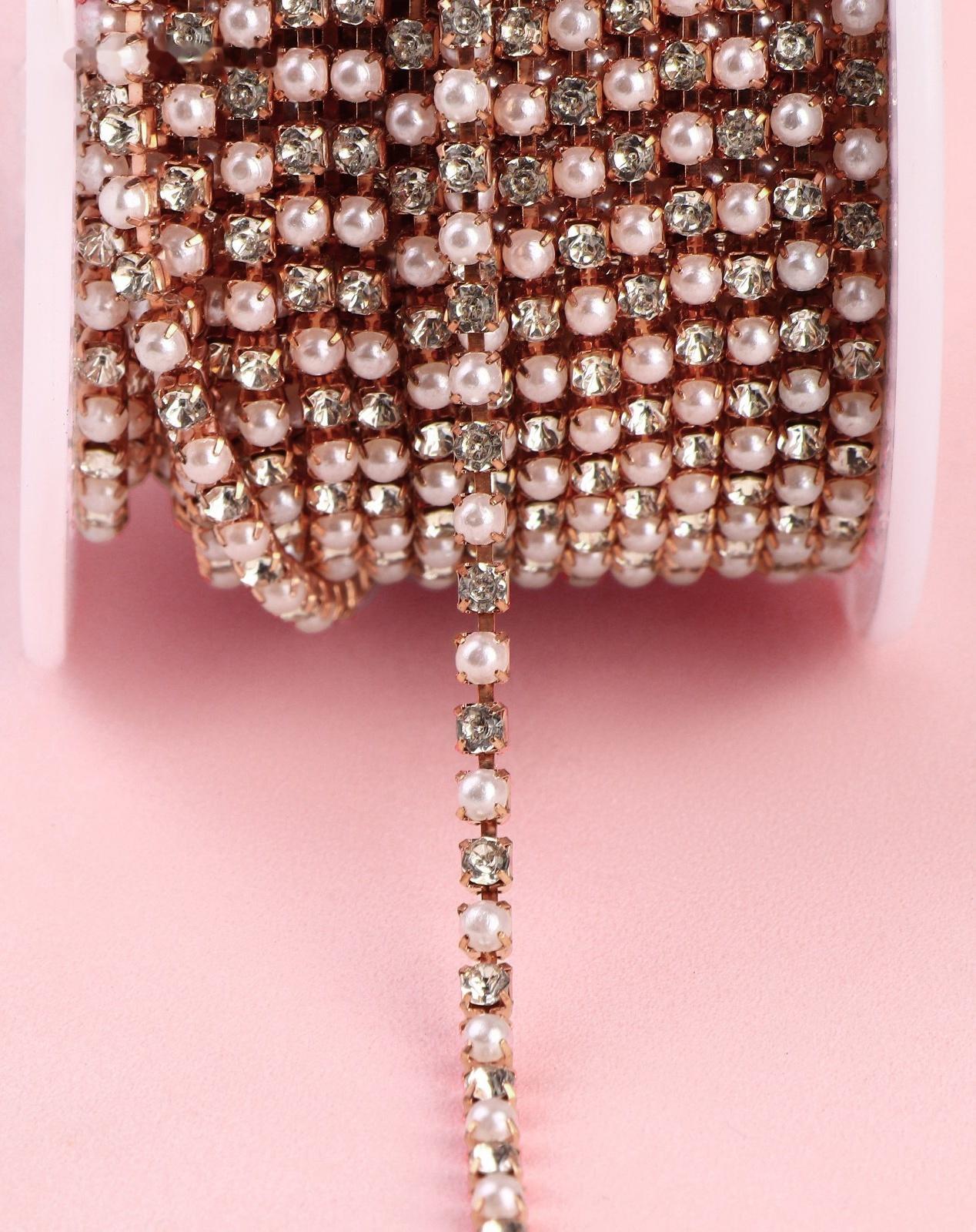 Цепь со стразами и жемчугом, металл, пластик, стекло, 2,5 мм, 9 ± 1 м, цвет розовое золото