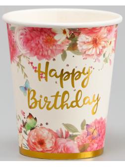 Стаканы бумажные «С днём рождения», 6 шт., цвет розовый