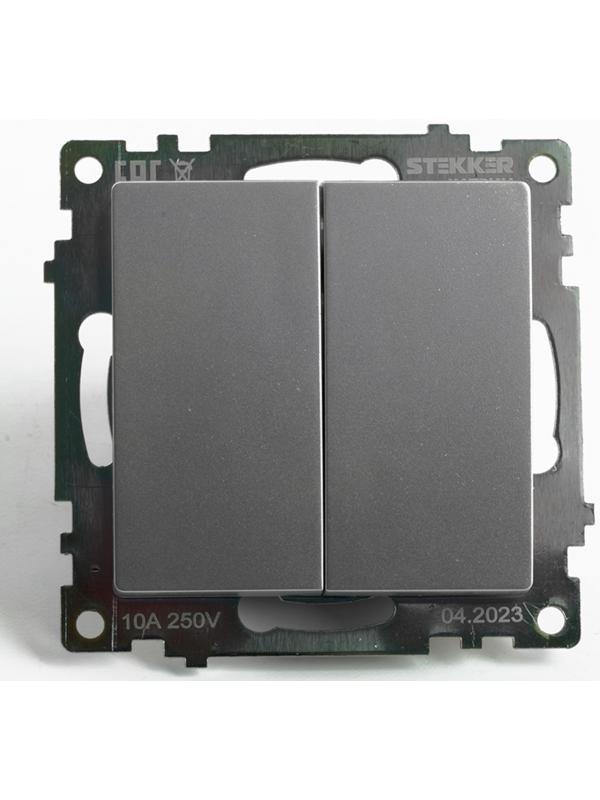 Переключатель 2-клавишный (механизм), 250В, 10А, STEKKER серия Катрин, серебро,GLS10-7107-03 1022443