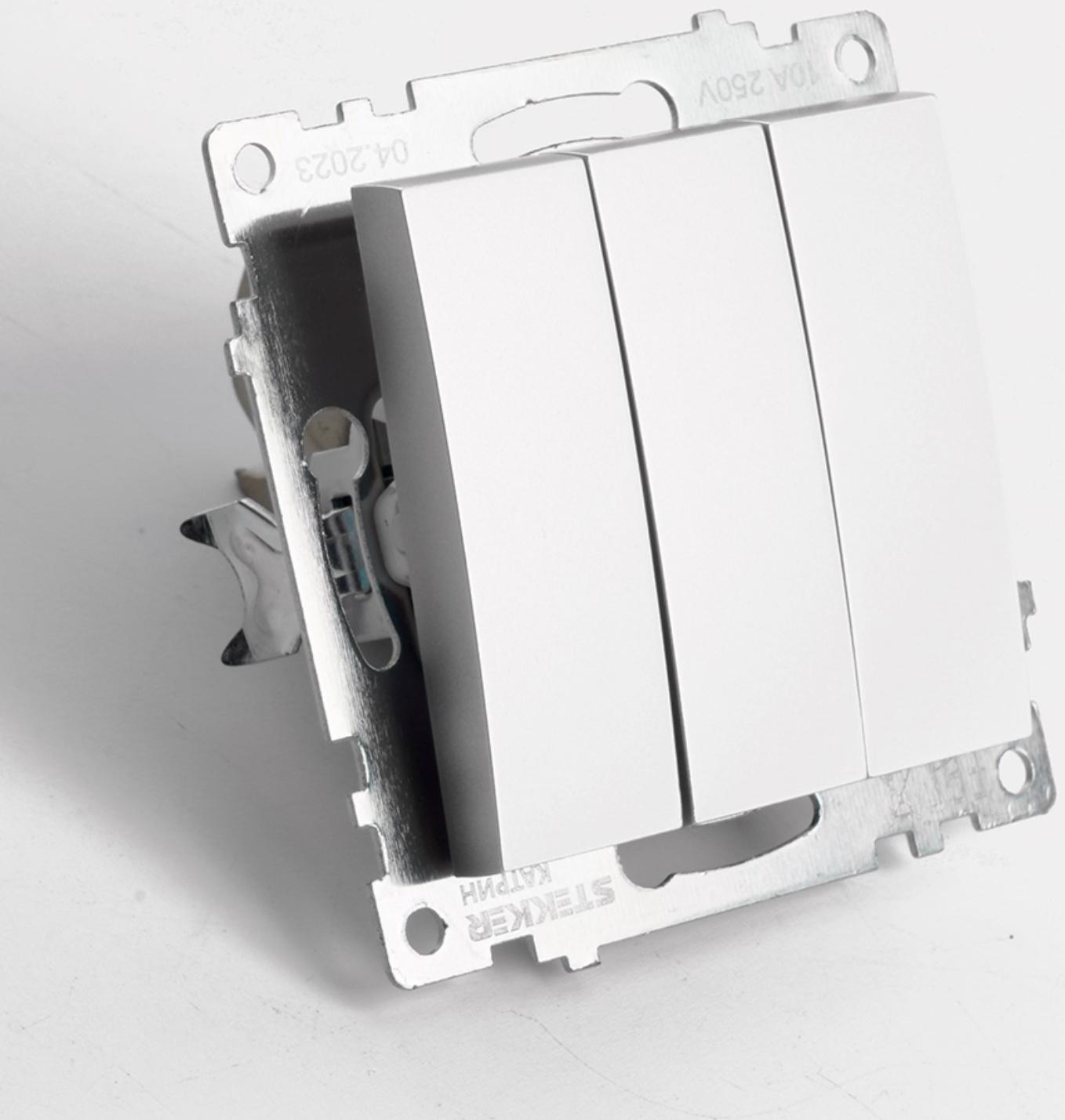 Выключатель 3-клавишный (механизм), 250В, 10А, STEKKER серия Катрин, серебро GLS10-7108-03