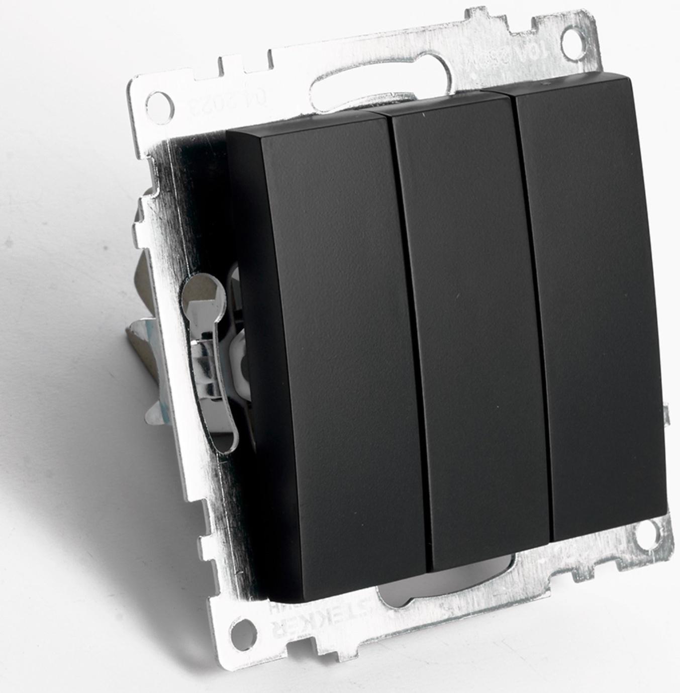 Выключатель 3-клавишный (механизм), 250В, 10А, STEKKER серия Катрин, черный, GLS10-7108-05