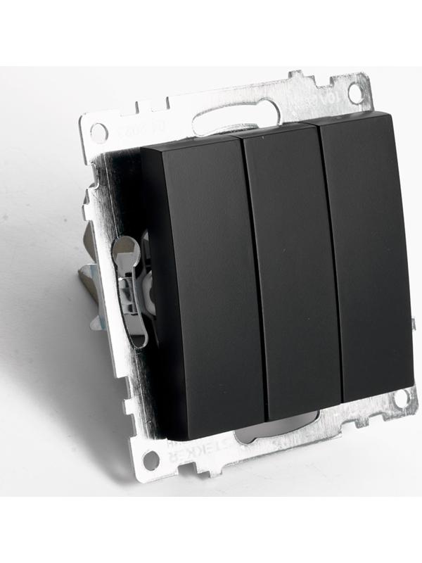 Выключатель 3-клавишный (механизм), 250В, 10А, STEKKER серия Катрин, черный, GLS10-7108-05