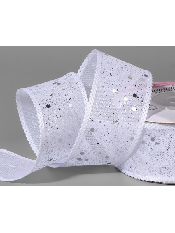 Лента декоративная, с глиттером, 38 мм, 9 ± 0,5 м, цвет белый/серебряный