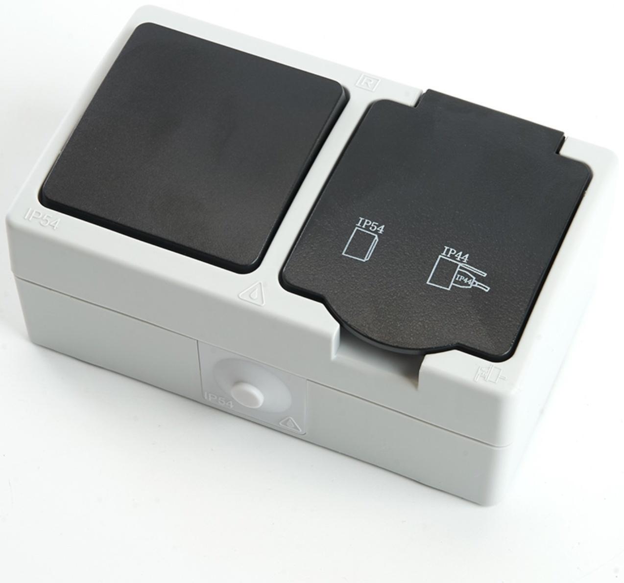 Блок: розетка 1-местная с/з + выключатель 1-клавишный, PST16-11-54/10-111-54, серый/графит