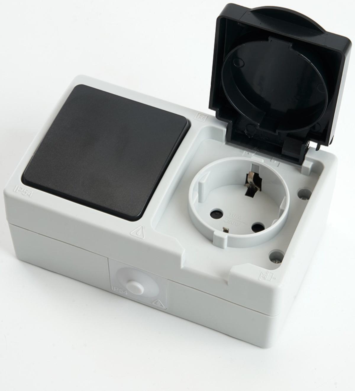 Блок: розетка 1-местная с/з + выключатель 1-клавишный, PST16-11-54/10-111-54, серый/графит