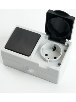 Блок: розетка 1-местная с/з + выключатель 1-клавишный, PST16-11-54/10-111-54, серый/графит