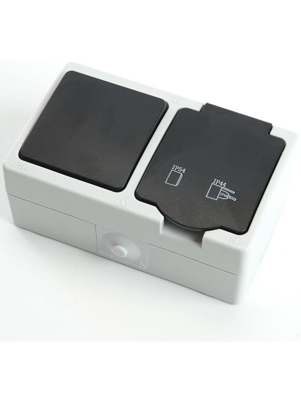 Блок: розетка 1-местная с/з + выключатель 1-клавишный, PST16-11-54/10-111-54, серый/графит