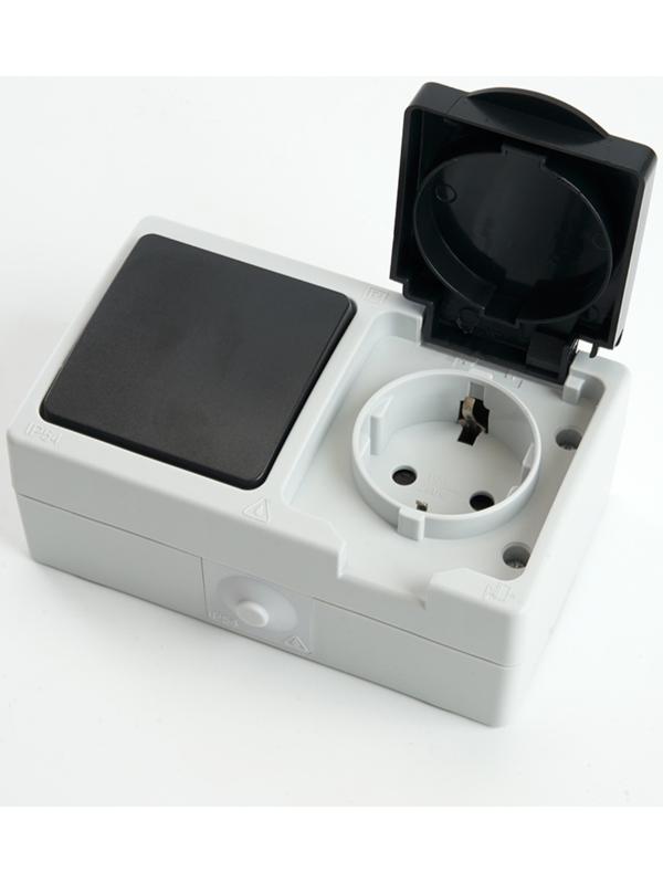 Блок: розетка 1-местная с/з + выключатель 1-клавишный, PST16-11-54/10-111-54, серый/графит