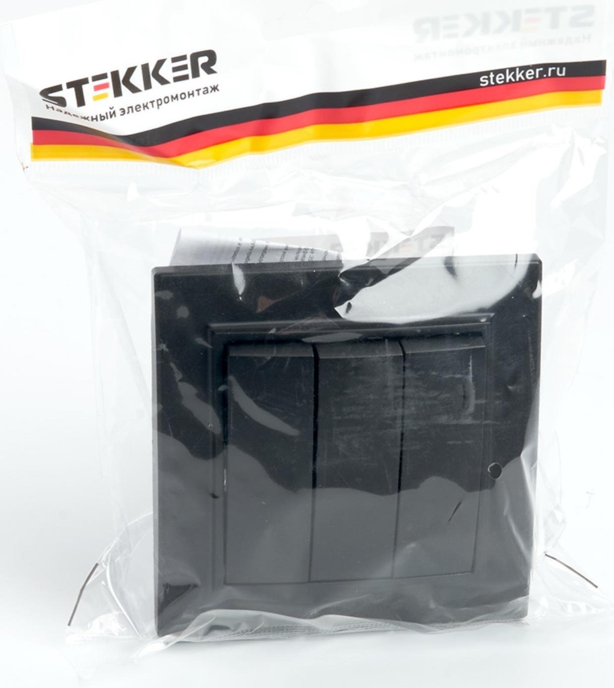 Выключатель электрический 3-клавишный, серия Эрна, PSW10-9007-03, черный