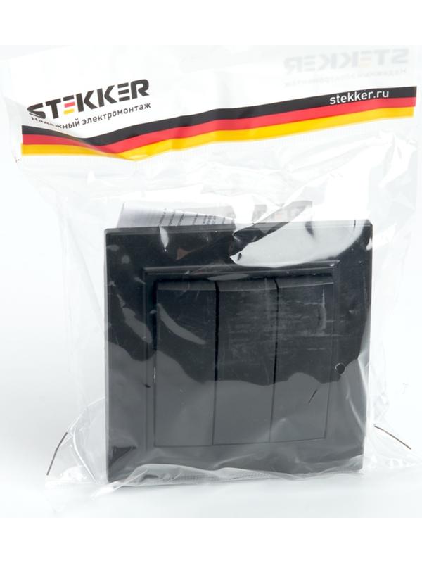 Выключатель электрический 3-клавишный, серия Эрна, PSW10-9007-03, черный