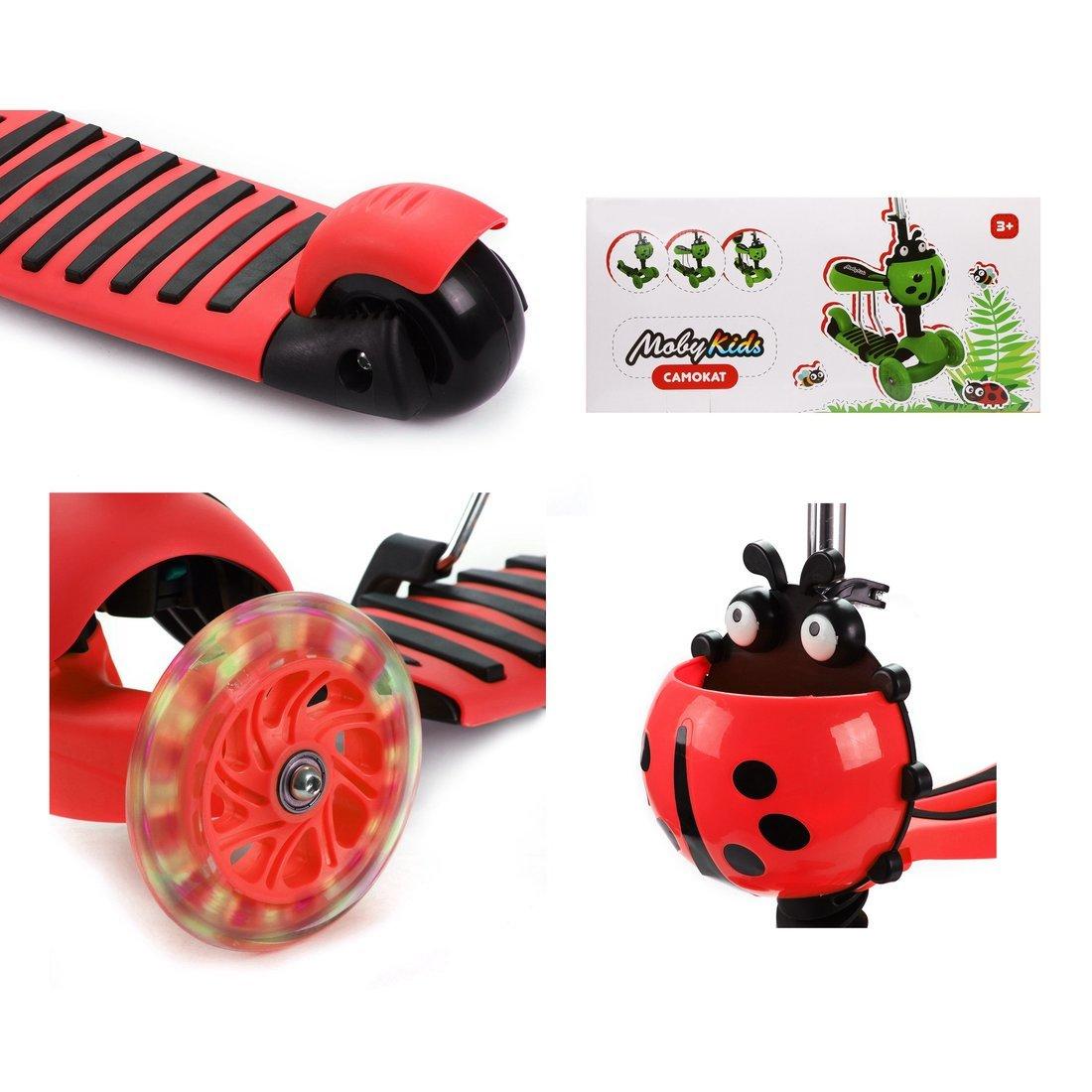 Самокат Moby Kids Божья коровка 3 в 1, свет. кол., красный