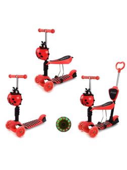 Самокат Moby Kids Божья коровка 3 в 1, свет. кол., красный