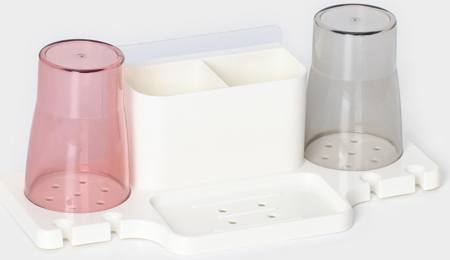 Держатель для зубных щеток настенный, с 2 стаканами на липучках, 31×9×14 см, цвет белый