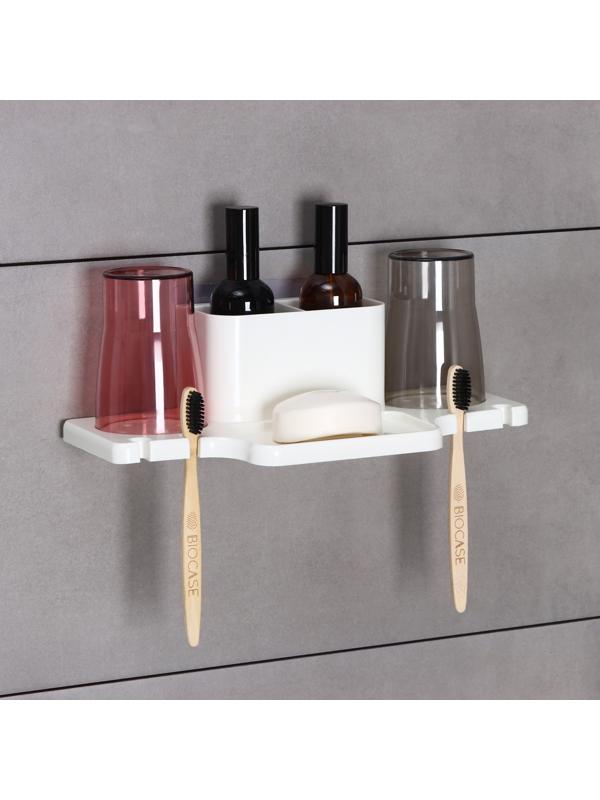 Держатель для зубных щеток настенный, с 2 стаканами на липучках, 31×9×14 см, цвет белый
