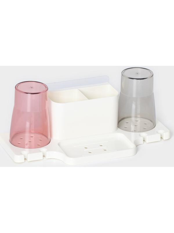 Держатель для зубных щеток настенный, с 2 стаканами на липучках, 31×9×14 см, цвет белый