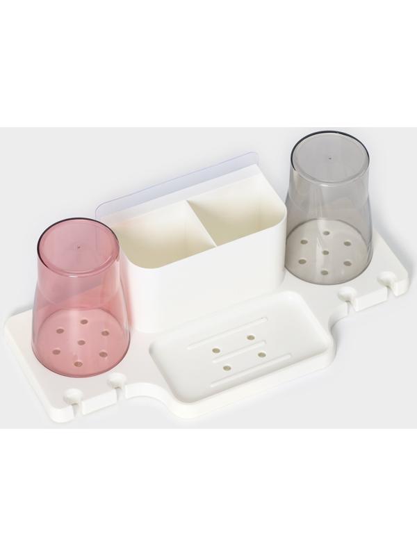 Держатель для зубных щеток настенный, с 2 стаканами на липучках, 31×9×14 см, цвет белый