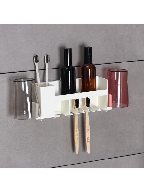 Держатель для зубных щёток с 2 стаканами, на липучках, цвет белый