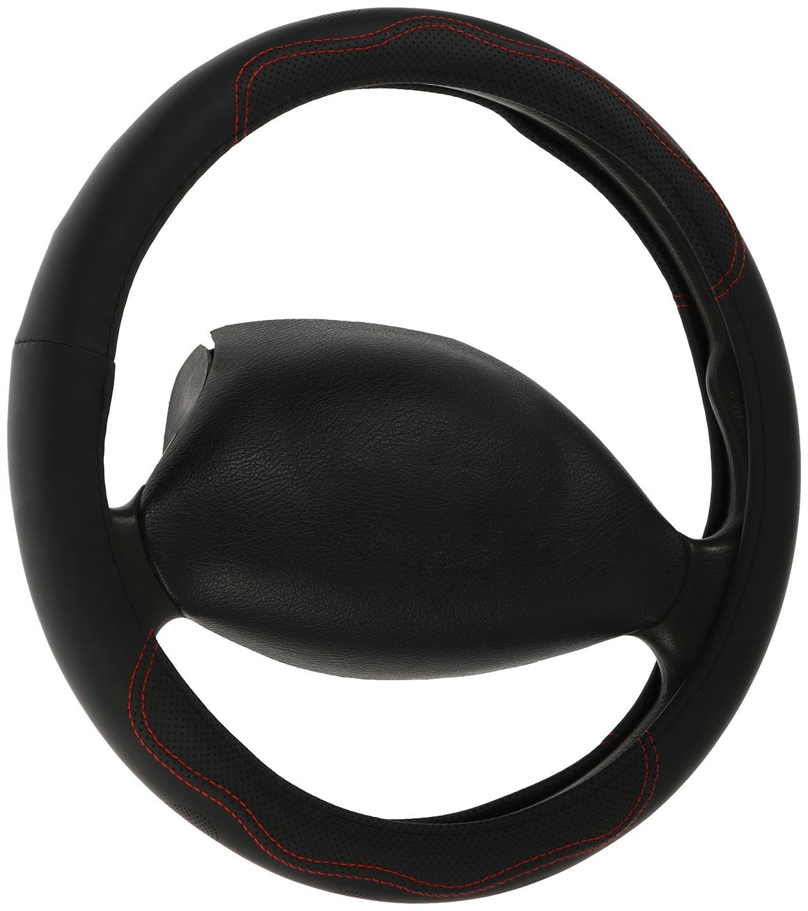 Оплетка на руль Nova Bright экокожа перфорированная, черная, красная строчка, M