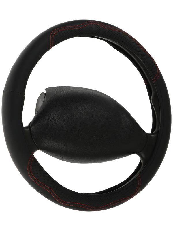 Оплетка на руль Nova Bright экокожа перфорированная, черная, красная строчка, M