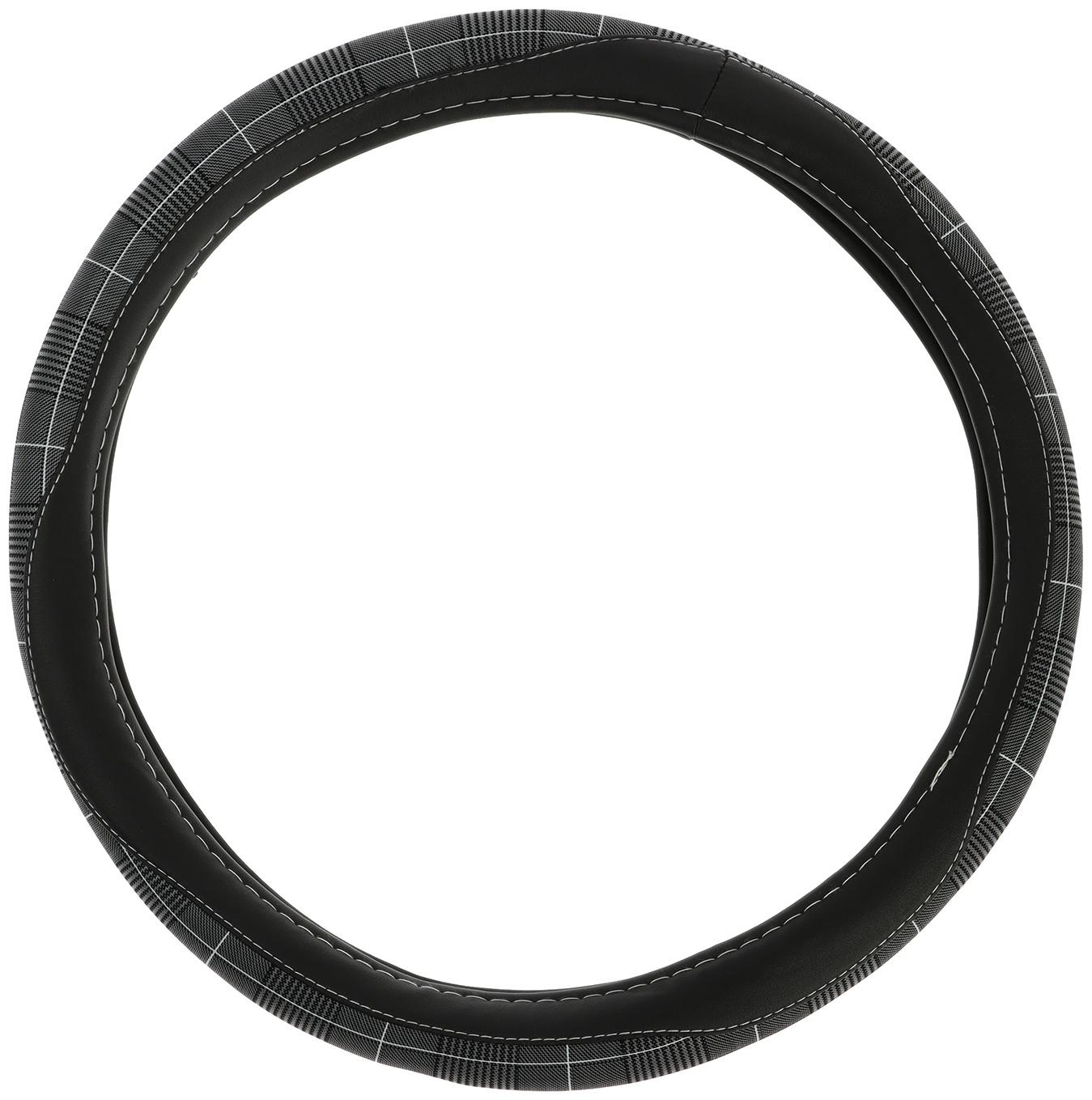 Оплетка на руль Nova Bright экокожа, черная, серые вставки, белая строчка, M