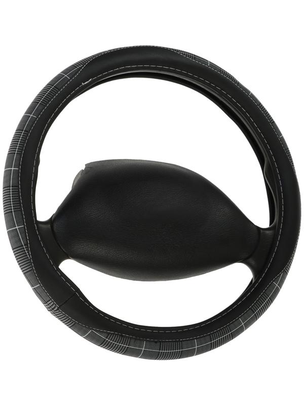 Оплетка на руль Nova Bright экокожа, черная, серые вставки, белая строчка, M