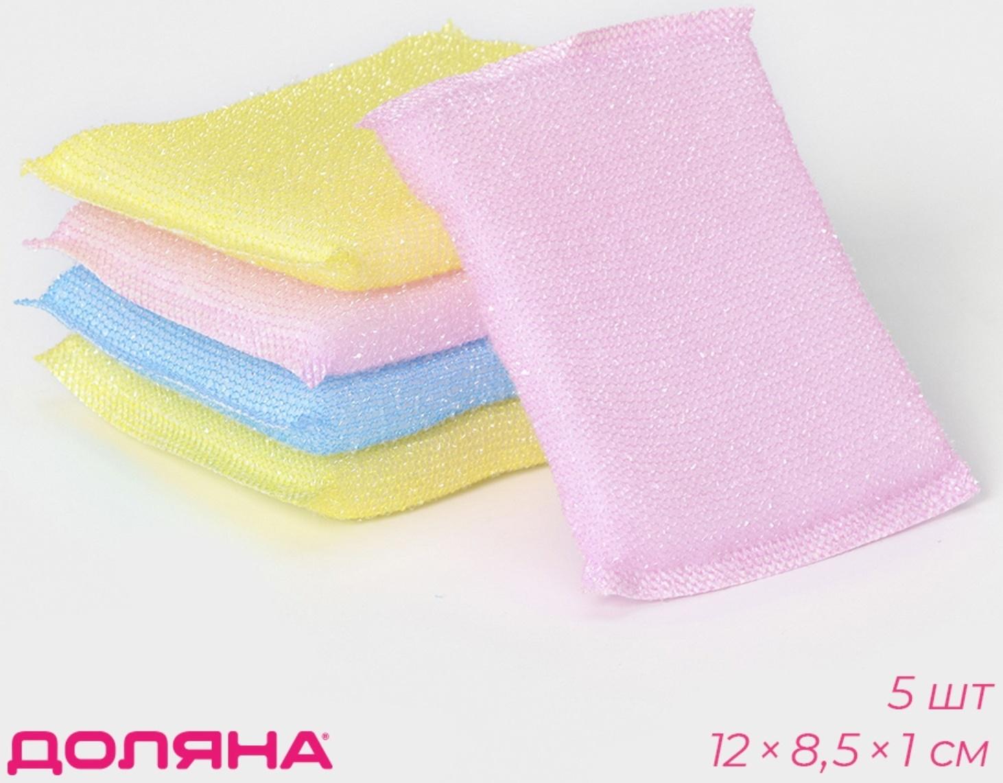 Набор губок скраберов в пластиковой оплетке для деликатной уборки Доляна, 5 шт, 12×8,5×1 см, цвет МИКС