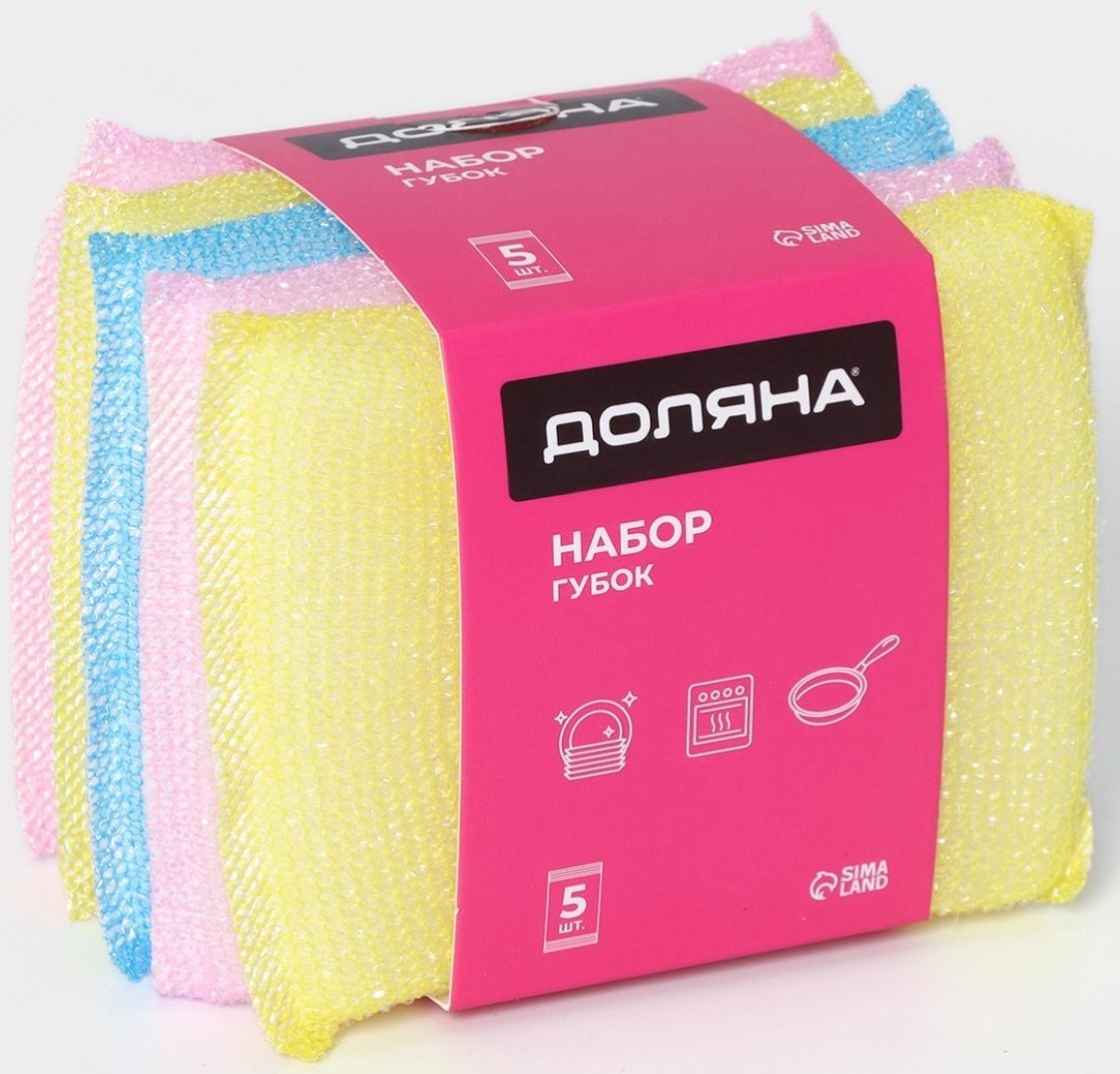 Набор губок скраберов в пластиковой оплетке для деликатной уборки Доляна, 5 шт, 12×8,5×1 см, цвет МИКС