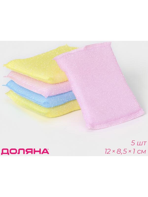Набор губок скраберов в пластиковой оплетке для деликатной уборки Доляна, 5 шт, 12×8,5×1 см, цвет МИКС