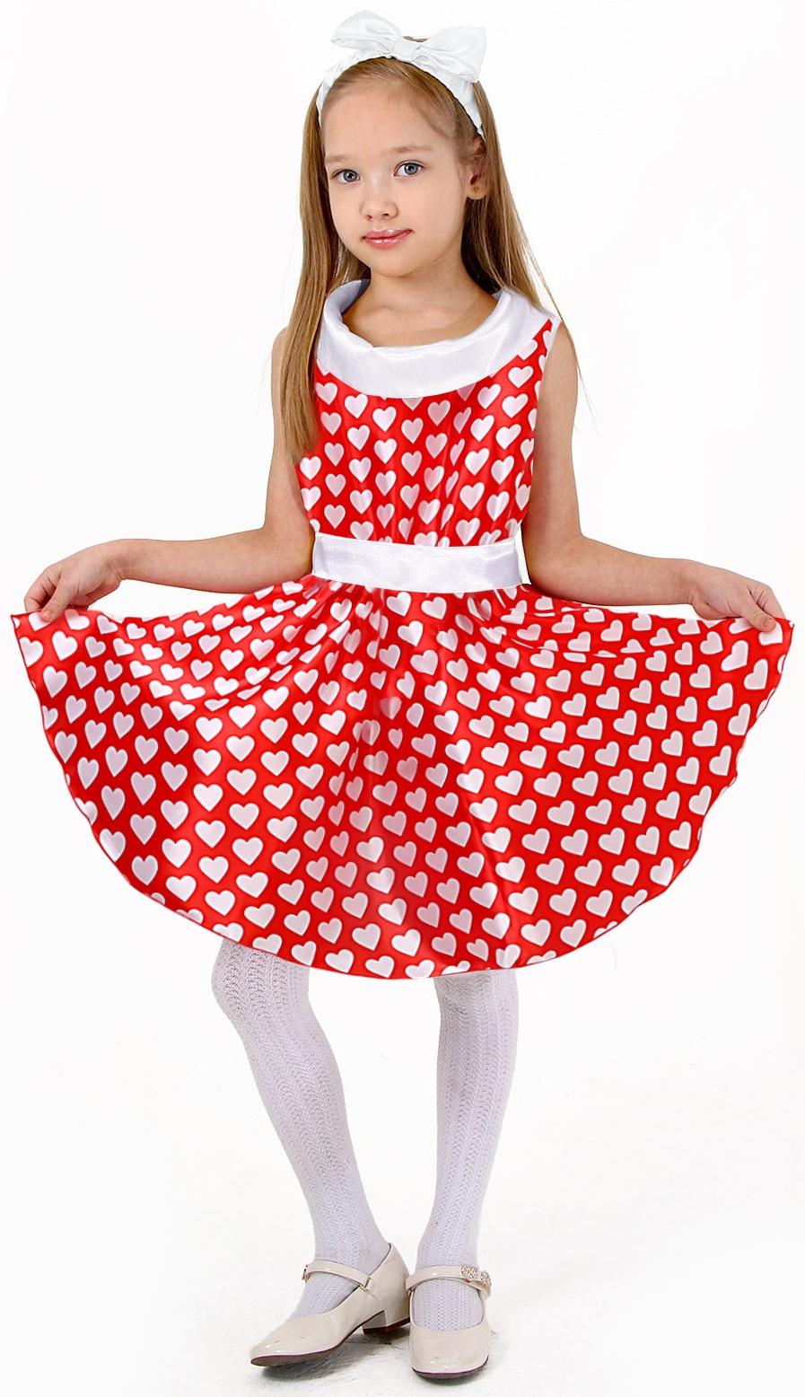 Карнавальный костюм «Стиляги» платье красное с белыми сердцами, повязка р-р 36 рост 140 см
