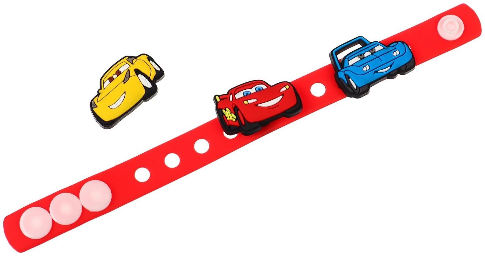 Браслет силиконовый со сменными джибитсами, 3 джибитса в комплекте, Тачки