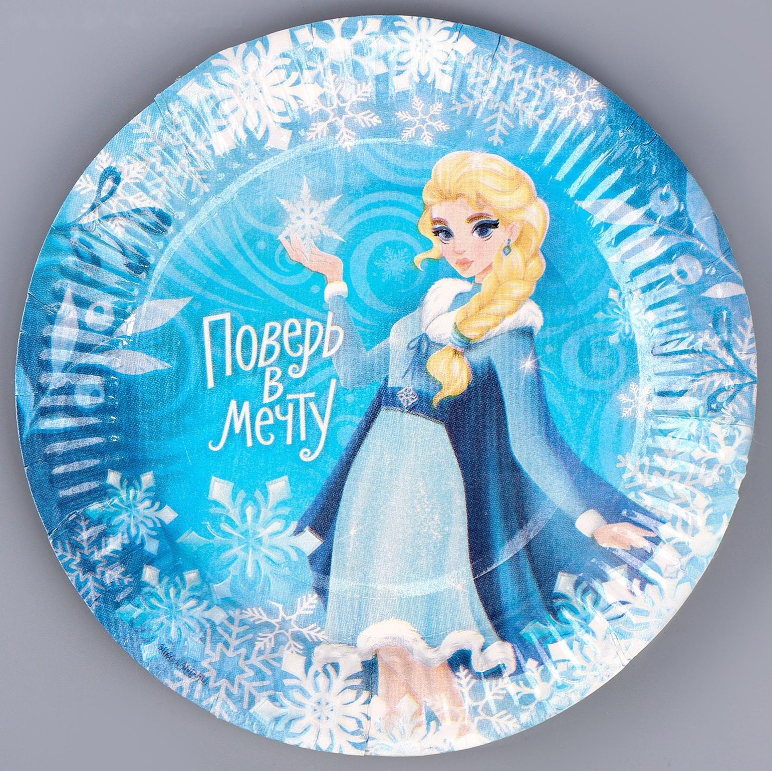 Набор бумажной посуды декор «Холодная принцесса», 6 тарелок, 6 стаканов, 1 гирлянда, декор