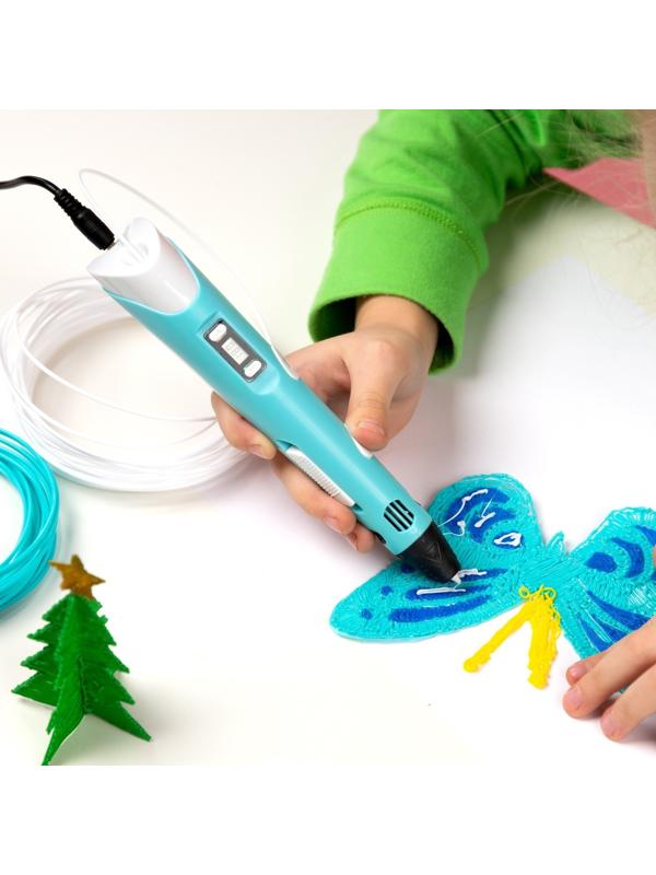 3D ручка Luazon, дисплей, работа с пластиком ABS и PLA, пластик в комплекте, голубая