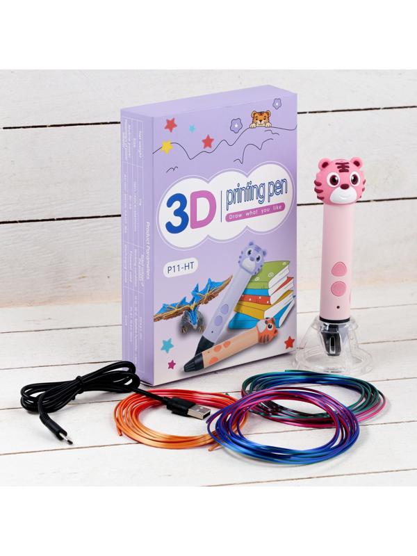 3D ручка Тигрёнок, работа с пластиком PLA, USB кабель питания, розовая