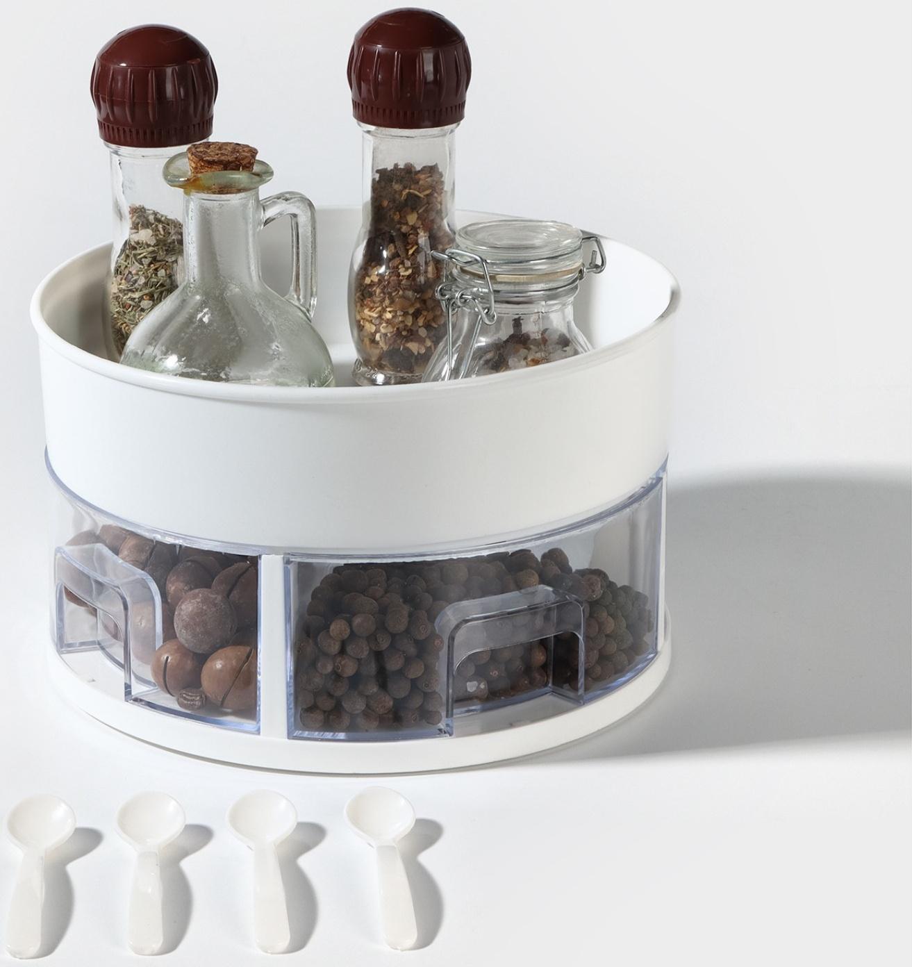Органайзер для специй вращающийся с 4 ячейками, 2-х ярусный d-23×13,5см, цвет белый