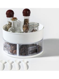Органайзер для специй вращающийся с 4 ячейками, 2-х ярусный d-23×13,5см, цвет белый