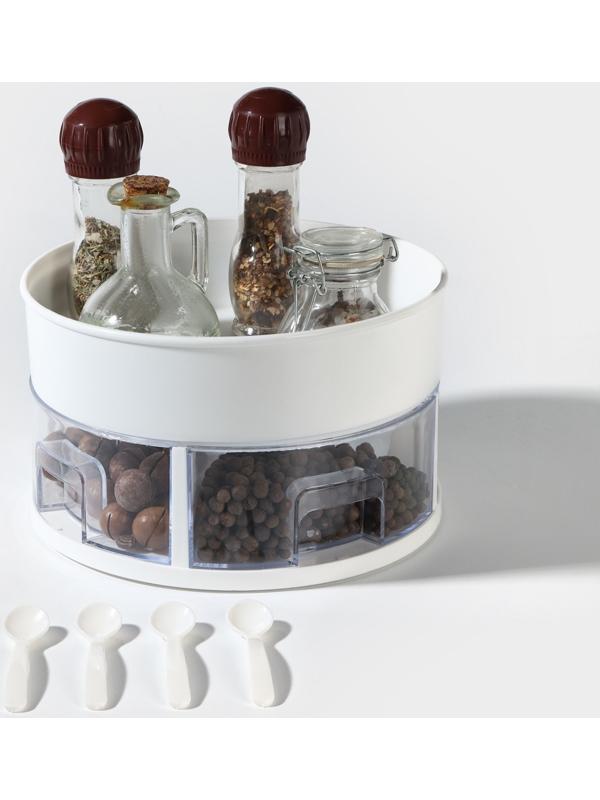 Органайзер для специй вращающийся с 4 ячейками, 2-х ярусный d-23×13,5см, цвет белый