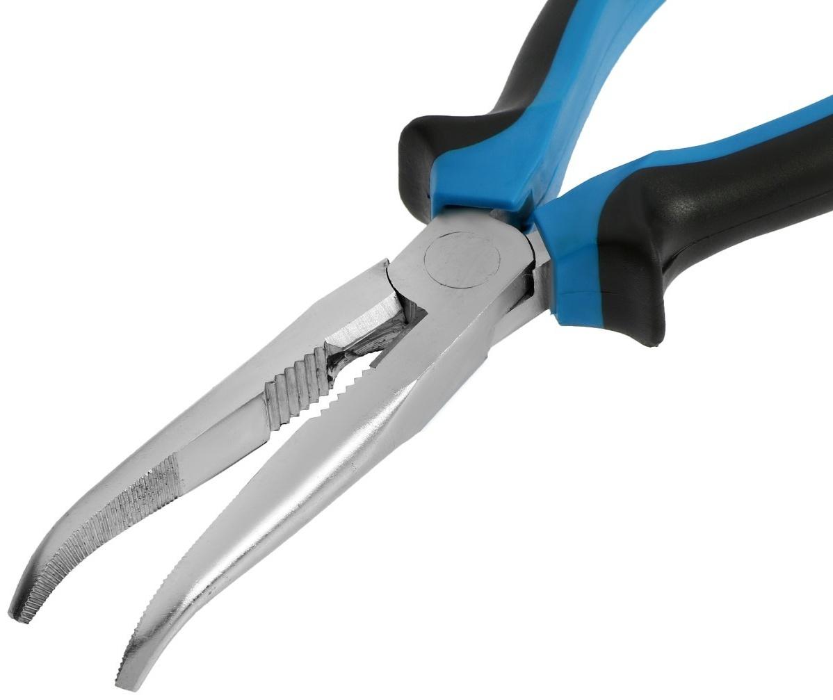 Длинногубцы изогнутые ТУНДРА, никелированные, двухкомпонентные рукоятки, 200 мм