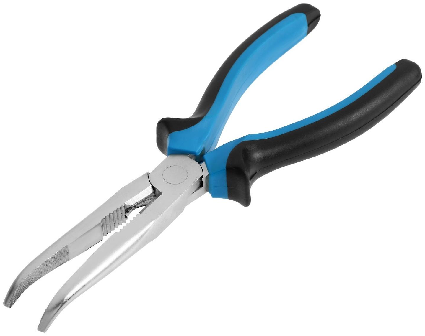 Длинногубцы изогнутые ТУНДРА, никелированные, двухкомпонентные рукоятки, 200 мм