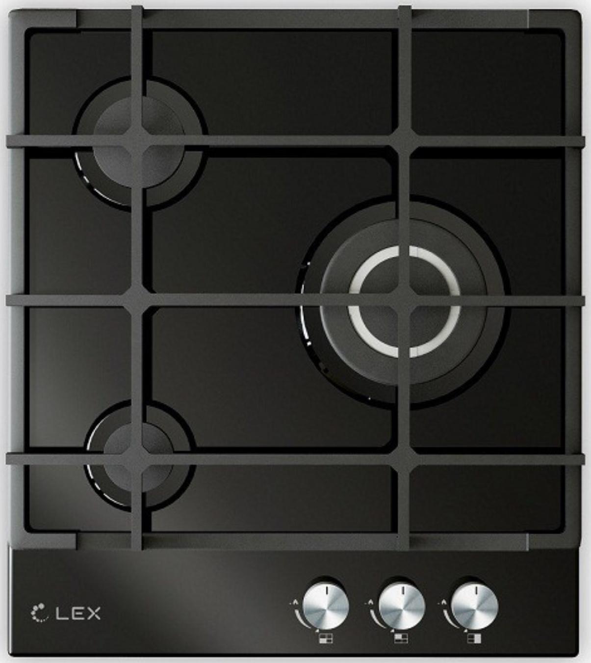 Варочная поверхность Lex GVG 431 BL, газовая, 3 конфорки, черное стекло
