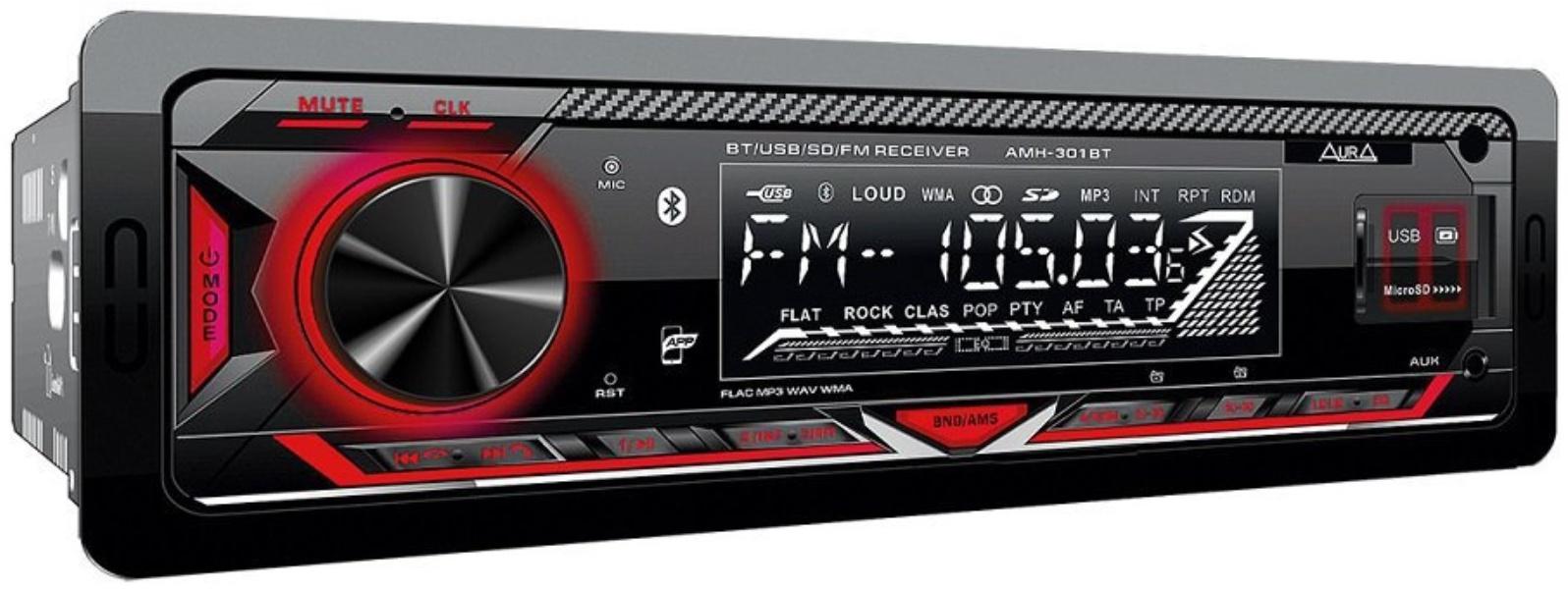 Автомагнитола AURA MP3/WMA AMH-301BT, Bluetooth, USB/micro SD, FLAC, iOS, Android, красная   1028849