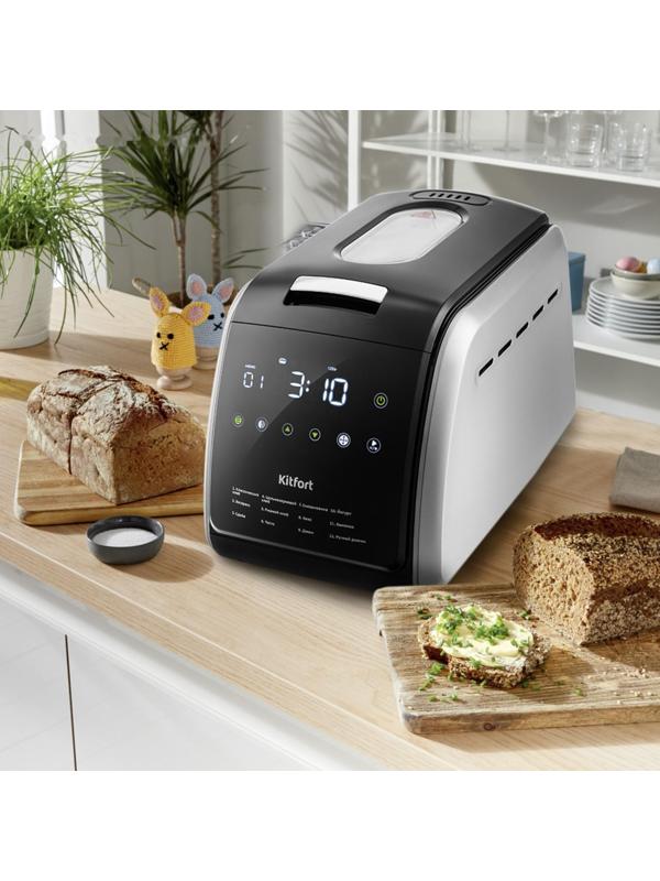 Хлебопечь Kitfort KT-305, 850 Вт, 12 программ, 1000/1250/1500 г, серебристо-чёрная
