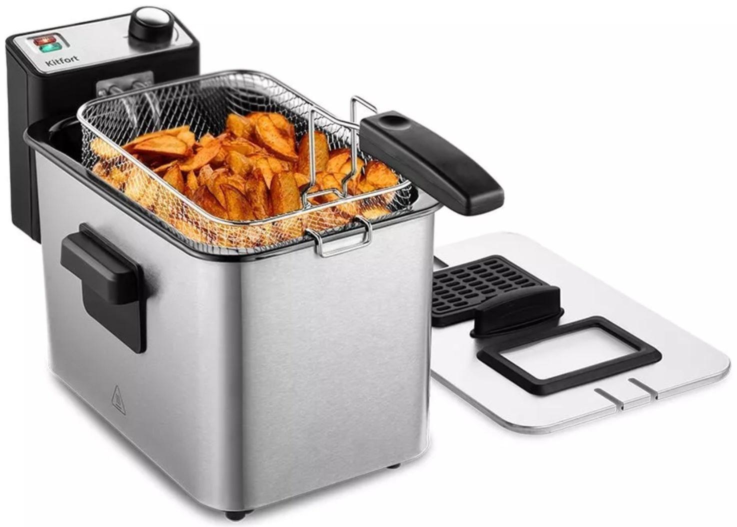 Фритюрница Kitfort KT-4053, 2000 Вт, 7.8 л, корзины 2.5 л, 130-190 °C, серо-чёрная