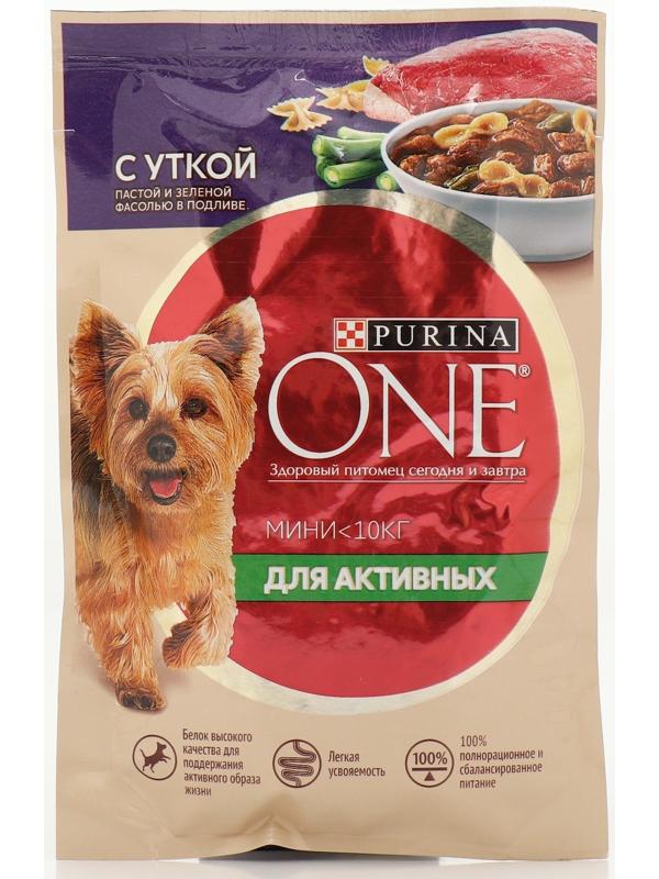 Влажный корм Purina One mini для активных собак, утка/паста/фасоль в подливе, 85 г