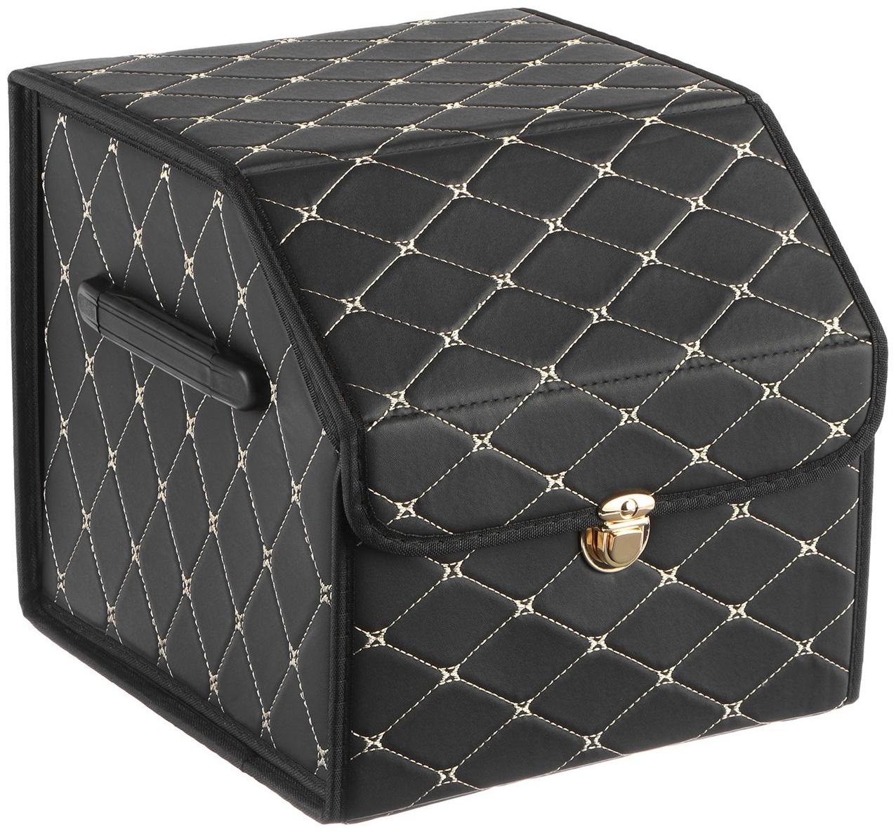 Органайзер саквояж в багажник, C2R HT091, 30×30×30 см, экокожа, черный, бежевая строчка