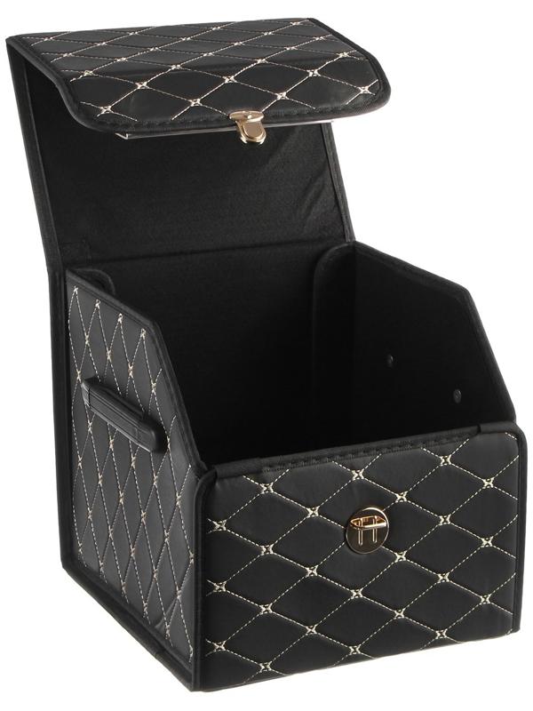 Органайзер саквояж в багажник, C2R HT091, 30×30×30 см, экокожа, черный, бежевая строчка