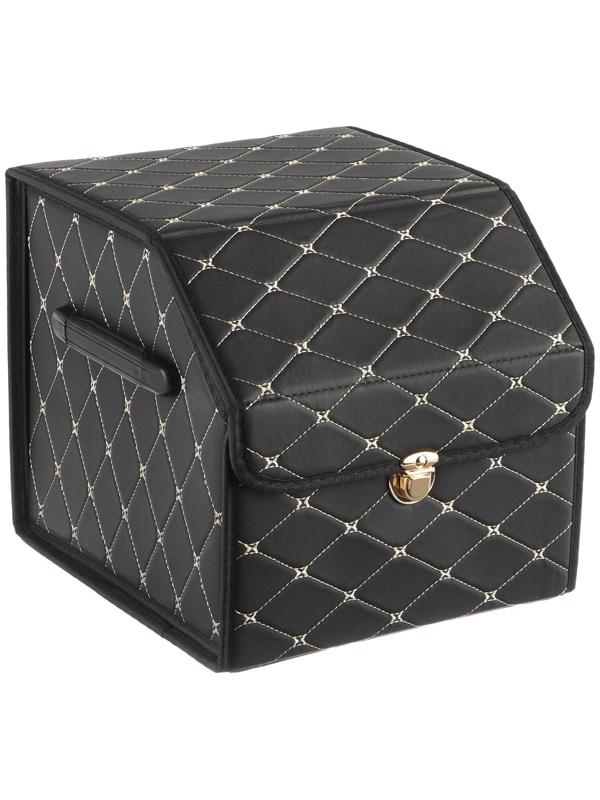 Органайзер саквояж в багажник, C2R HT091, 30×30×30 см, экокожа, черный, бежевая строчка