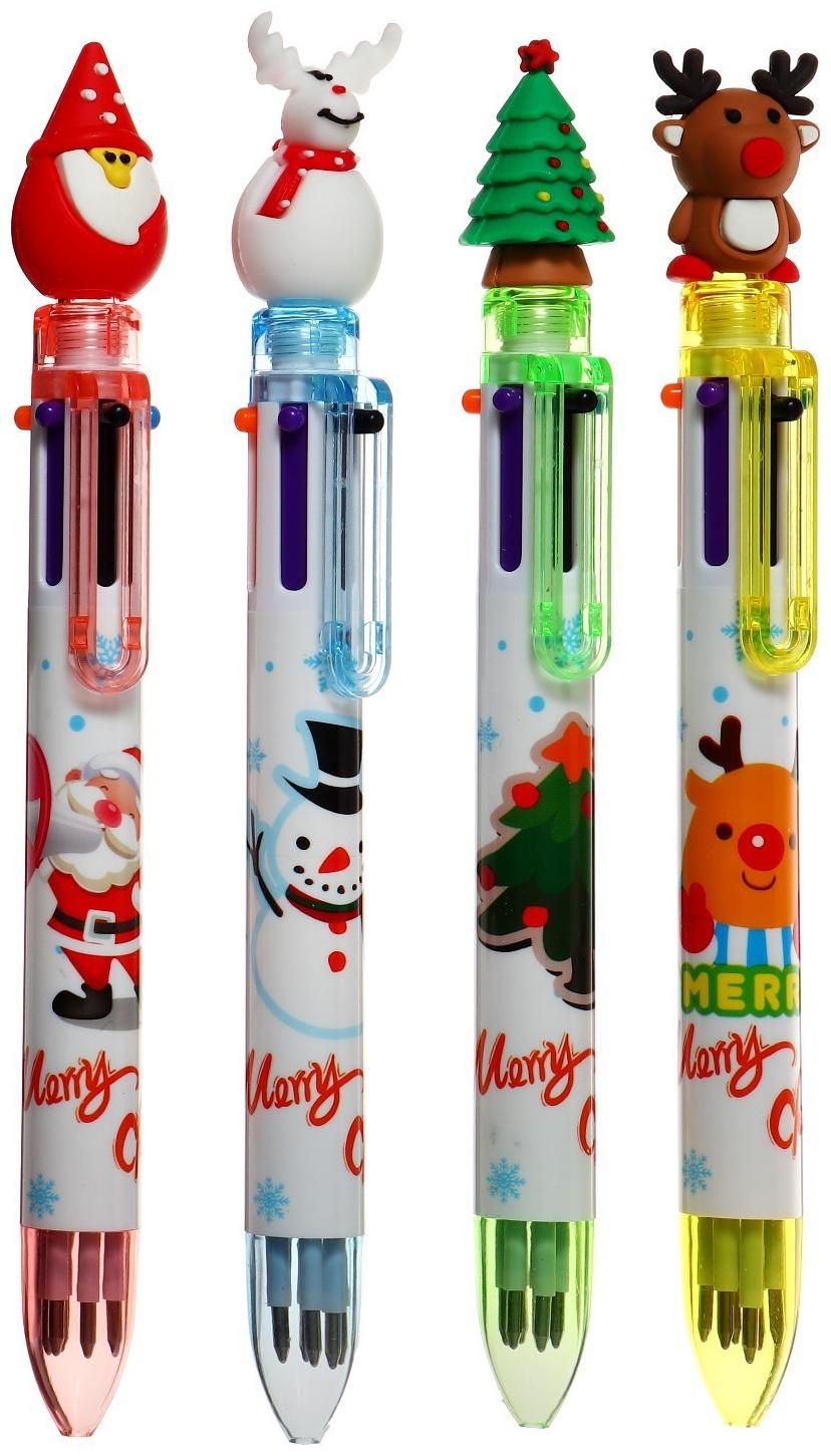 Ручка шариковая автоматическая, 6-ти цветная, Новый год МИКС