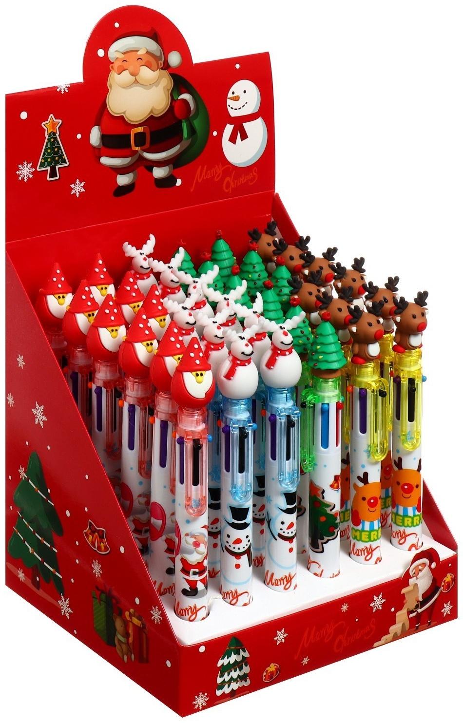 Ручка шариковая автоматическая, 6-ти цветная, Новый год МИКС